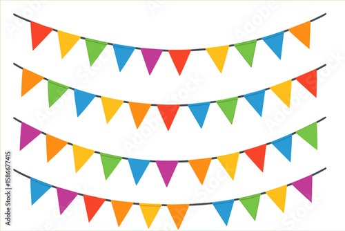 Colorful Festive Party Pennant Garlands Set. Four Rows of Decorative Carnival Flags for Birthday, Festival, Fair, Holiday, Event, and Celebration Banners. Vibrant Vector Seamless Pattern Background