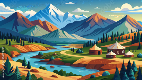 Karakol Valley, Issyk-Kul Region, Kyrgyzstan – Snowy peaks and pine forests surround the winding river. Traditional yurts dot the landscape, crafting a peaceful, rustic vector image rich with cultural