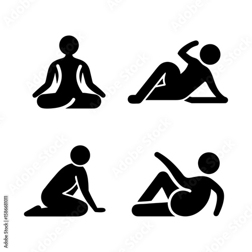 Vector set of black silhouette icons showing yoga and stretching poses. Includes sitting meditation and fitness stretching. Ideal for wellness, mindfulness, and physical activity themes.