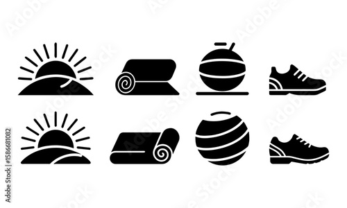 Set of black icons representing morning fitness: sunrise, yoga mat, gym ball, and sport shoes. Perfect for wellness, workout, and morning routine themes.