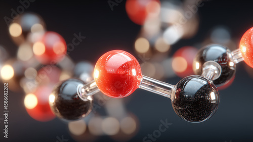 A striking carbon oxygen polymer concept revealed through alternating red and black glassy molecular chains.
