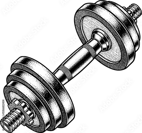Classic dumbbell with metal texture and grip knurling, hand-drawn style