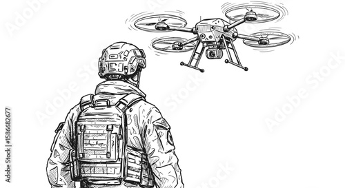 Hand drawn ink sketch of a reconnaissance drone and a soldier from the back view, black and white illustration, military scene, engraving or woodcut style

