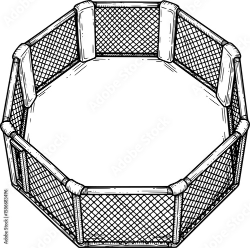 Octagon MMA cage viewed from above, hand-drawn style