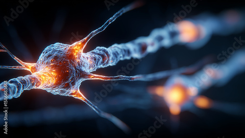 A dramatic neural transmission concept portrayed by a fiery axon blazing with electric signals.
