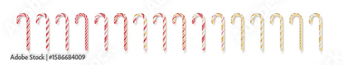 Illustration of Festive Candy Cane Designs in Red and Gold Stripes Arranged in a Neat Row with White as Background