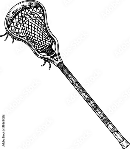 Lacrosse stick with netted head and shaft grip, hand-drawn style