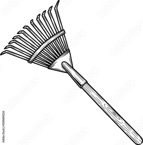 Garden rake with metal tines and wooden shaft, hand-drawn style