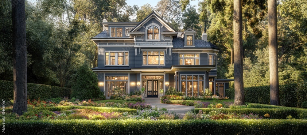 Fototapeta premium Majestic Victorian Mansion in a Serene Forest Setting