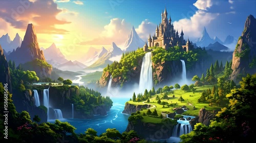 Majestic castle by waterfalls amidst a lush, mountainous landscape