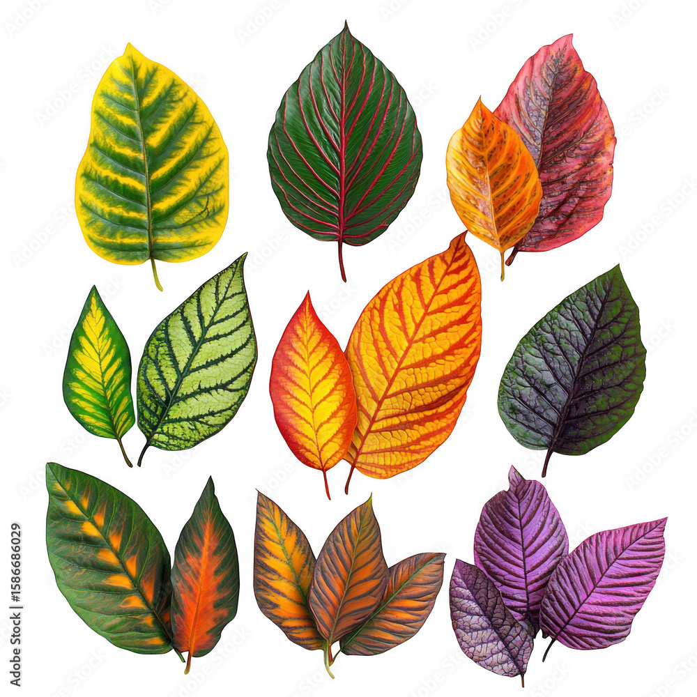 Fototapeta premium Collection of colorful leaves isolated on transparent background