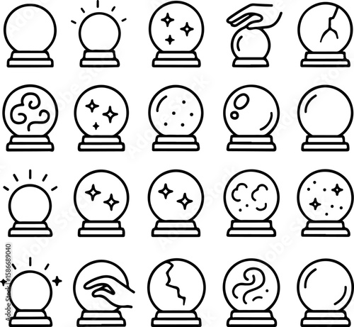 Collection of stylized outline icons representing crystal balls with various magical elements like stars clouds and hands for fortune telling and future prediction concepts