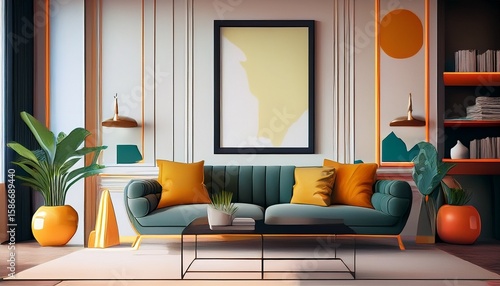 modern creative living room interior design backdrop ideas concept house beautiful background elevation of sofa with decorative photo paint frame full wall background ai generate