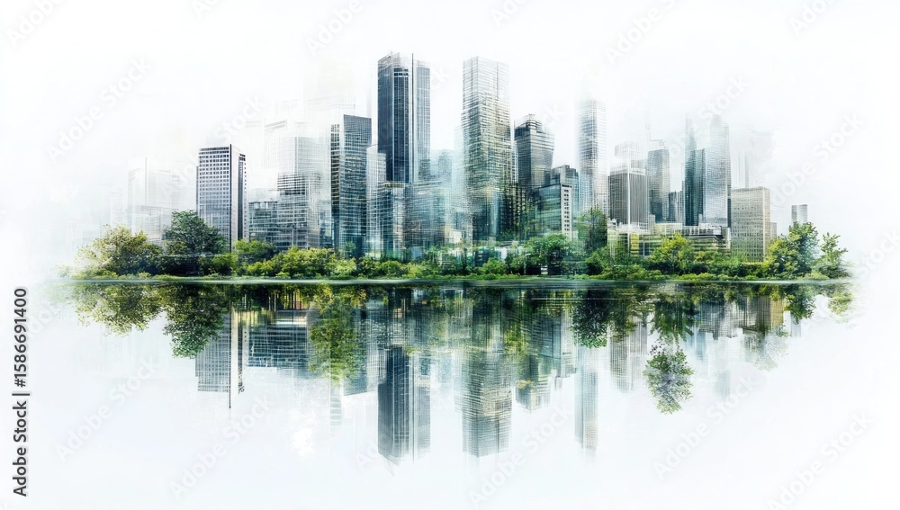 Fototapeta premium Urban Oasis: Cityscape Reflection in Tranquil Waters