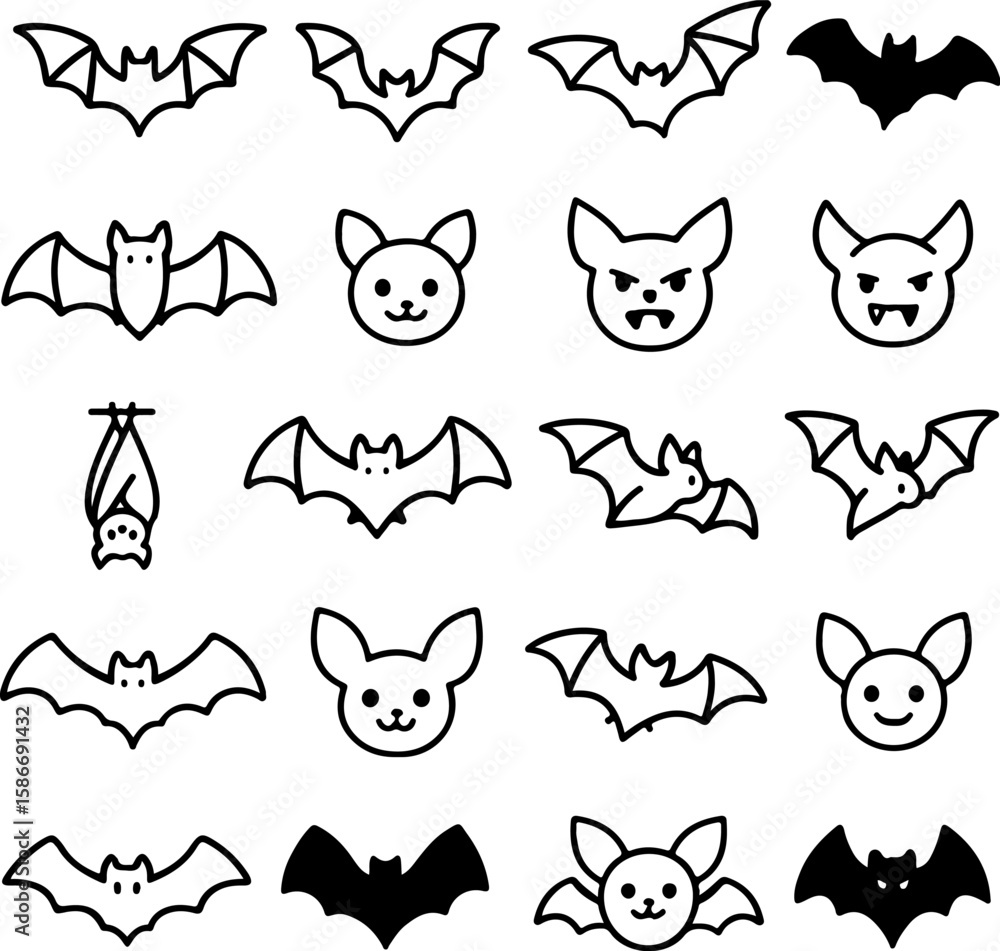 Collection of cute and spooky bat icons and illustrations in various poses and styles perfect for halloween and autumn themed designs Collection of cute and spooky bat icons and illustrations in various poses and styles perfect for halloween and autumn themed designs