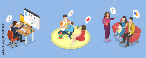 3D Isometric Flat Vector Illustration of Secure Environment for Children, Happy Adoptive Family With Child