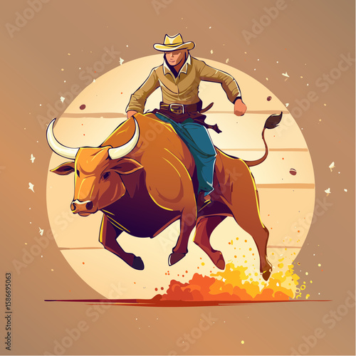Australian cowboy riding a wild bucking bull in action, mid-air with flying dust, hat and boots, illustrated in crisp vector style for rodeo or outback themes.

