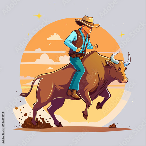 Australian cowboy riding a wild bucking bull in action, mid-air with flying dust, hat and boots, illustrated in crisp vector style for rodeo or outback themes.


