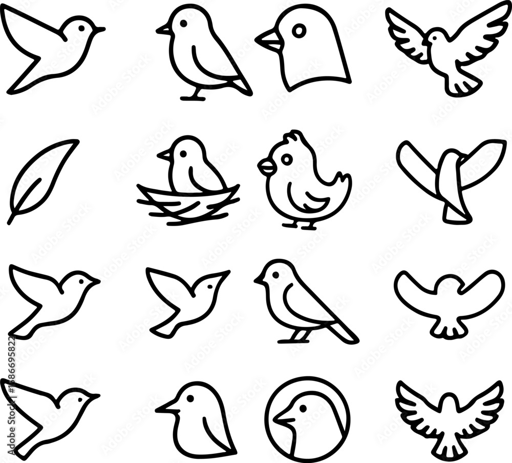 Fototapeta premium Collection of simple line art icons featuring various birds in different poses and styles for graphic design and illustration purposes