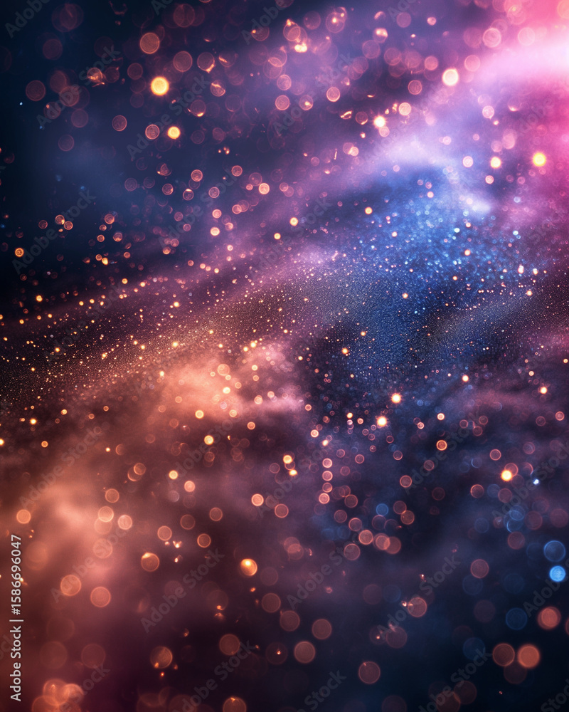Fototapeta premium Glowing bokeh lights in cosmic nebula haze. Abstract galaxy-inspired light particles. Perfect for backgrounds, digital art, or science fiction visuals.