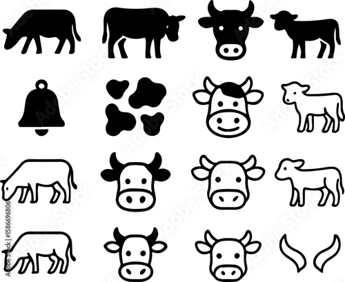 Collection of stylized black and white icons representing cows calves cow spots and a cowbell perfect for farm or livestock related designs