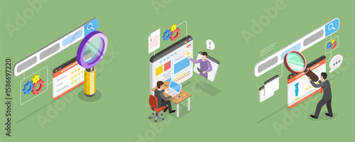 3D Isometric Flat Vector Illustration of SEO Targeting and Performance, Keyword Research Services