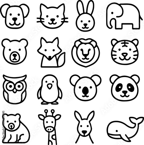 Collection of cute cartoon animal faces and full body illustrations in a simple line art style perfect for children s books and educational materials