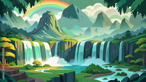 Ban Gioc Waterfall, Cao Bang Province, Vietnam – Cascading waters tumble through lush jungle, creating misty rainbows. The karst mountains enhance depth, producing a dreamlike, layered vector-ready co