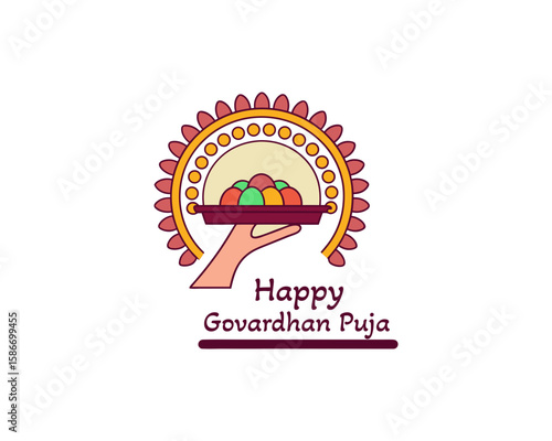 Illustration of a hand holding a plate of colorful fruits and vegetables under a decorative sun like motif celebrating govardhan puja