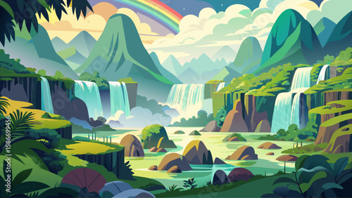 Ban Gioc Waterfall, Cao Bang Province, Vietnam – Cascading waters tumble through lush jungle, creating misty rainbows. The karst mountains enhance depth, producing a dreamlike, layered vector-ready co