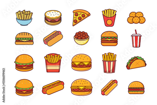 A vibrant collection of popular fast food icons including burgers hot dogs pizza french fries tacos and drinks