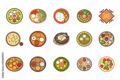 A vibrant collection of flat lay illustrations showcasing diverse culinary dishes and food arrangements in a top down perspective