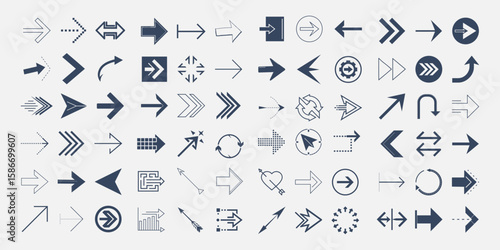 Collection of diverse directional arrow icons and symbols representing movement progress and navigation in a clean graphic design style