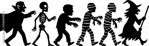 Silhouette procession of classic halloween monsters including a vampire skeleton zombie and witch walking together against a white background