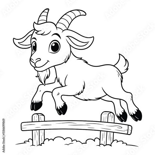 Playful Cartoon Goat Jumping Over a Fence, Black and White Goat Jumping Over Fence Line Art for Coloring Books