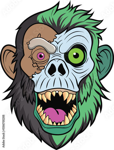 Fierce cartoon monkey with half scary half green face and spiky hair