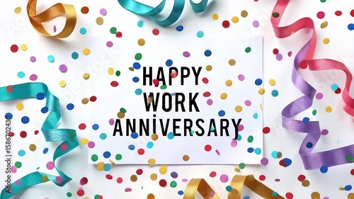 Work Anniversary Greeting Scene with Colorful Confetti, Ribbons and Bold Typography on White Card for Professional Milestone Visuals
