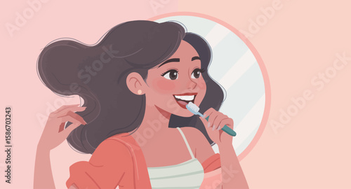 Illustration of a woman brushing her teeth in front of a mirror, smiling with a healthy dental routine.