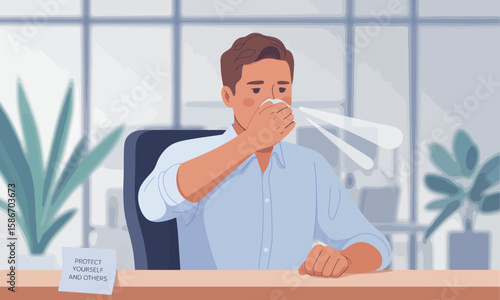 A man in an office setting covers his mouth and nose with a tissue, illustrating a sneeze or cough, with a reminder note on the desk.