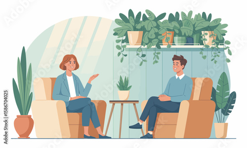 Illustration of a woman therapist in consultation with a male patient in a room filled with plants.