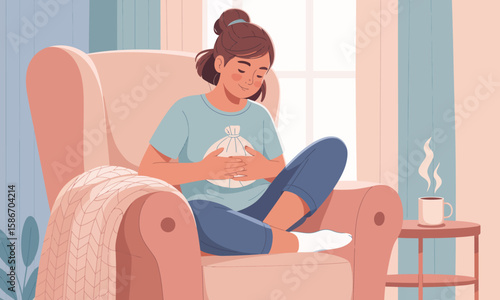 Woman sitting in armchair holding a hot water bottle, looking relaxed near a window with a cup of tea on a side table.