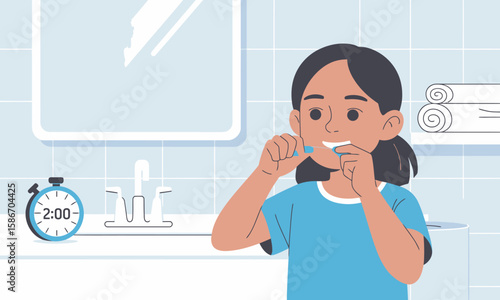 Girl in bathroom brushing her teeth for two minutes, promoting dental hygiene and oral care.