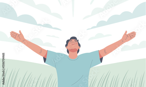 A man with arms outstretched looks up towards the sky and clouds, standing in a field of grass.