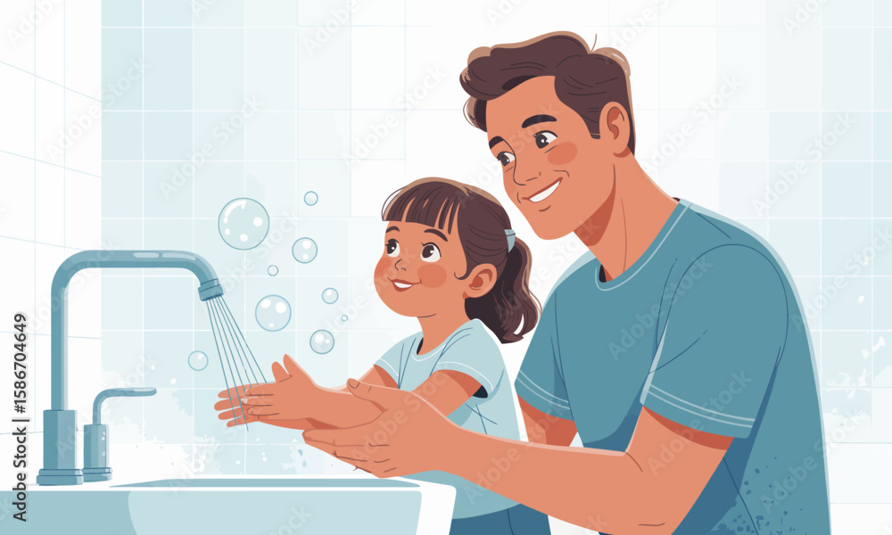 A father and daughter washing their hands together at a sink with running water and soap bubbles, promoting hygiene. A father and daughter washing their hands together at a sink with running water and soap bubbles, promoting hygiene.
