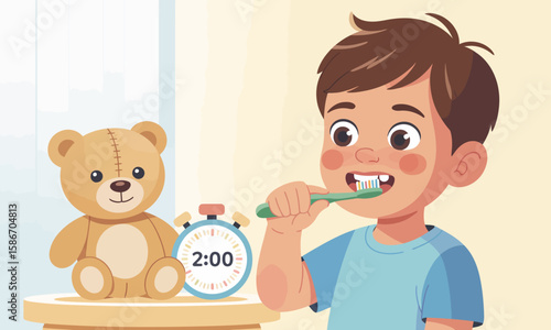 A young boy brushes his teeth with a green toothbrush, next to a teddy bear and a timer set to two minutes.