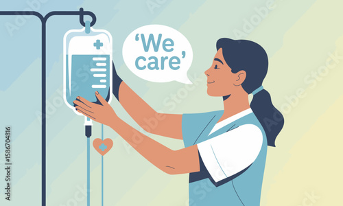 Illustration of a nurse adjusting an IV drip bag with a "We care" speech bubble, symbolizing healthcare and compassion.