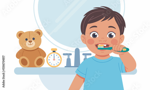 Young boy brushing his teeth in the bathroom with a toothbrush and toothpaste, a teddy bear and timer sit on the counter.