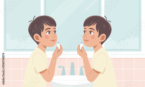 Illustration of a young boy looking in the bathroom mirror while brushing his teeth.