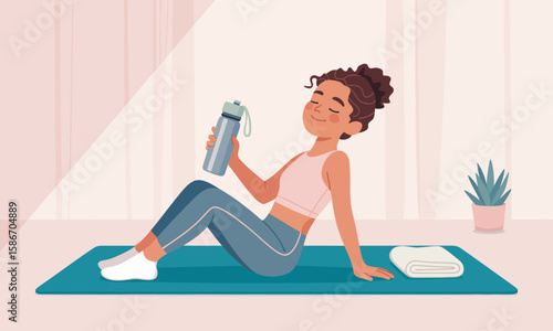 A woman in sportswear sits on a yoga mat, holding a water bottle and relaxing after a workout, with a towel and potted plant nearby.