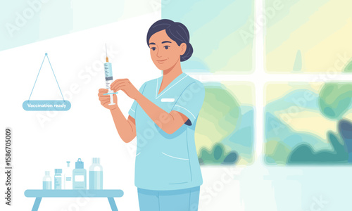 A nurse prepares a syringe with medication in a bright, clean medical setting, with bottles and a window in the background.